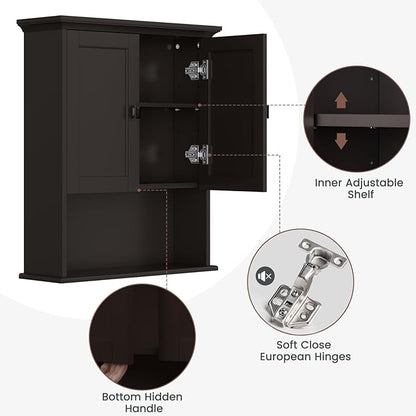 Bathroom Wall Cabinet, Over The Toilet Storage Cabinet Wall Mounted Medicine Cabinet with Build-in Spirit Level Cupboard Adjustable Shelves for Bathroom Laundry Room Kitchen, Espresso
