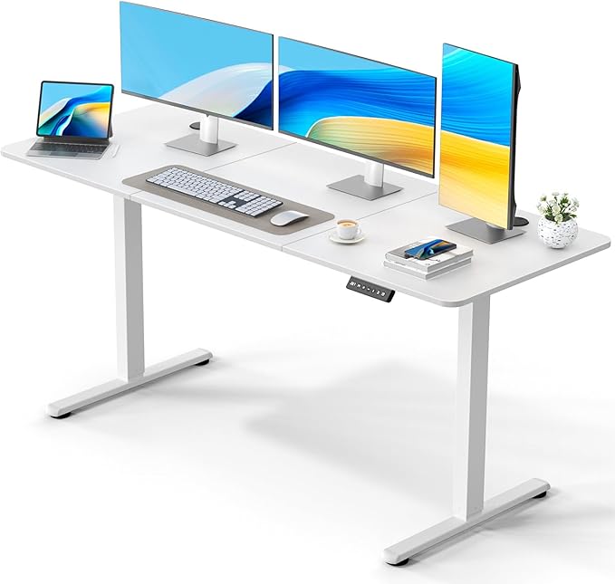 63" Electric Standing Desk Adjustable Height, Ergonomic Sit Stand Computer Desk for Home Office, Sturdy Motorized Workstation with Memory Controller & Timer, White