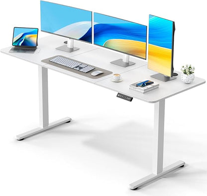 63" Electric Standing Desk Adjustable Height, Ergonomic Sit Stand Computer Desk for Home Office, Sturdy Motorized Workstation with Memory Controller & Timer, White