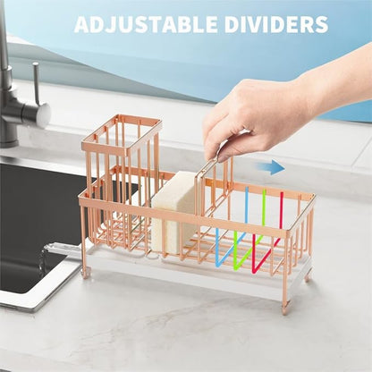 Cisily Sponge Holder for Kitchen Sink, Sink Caddy Organizer with High Brush Holder, Kitchen Countertop Organizers and Storage Essentials, Rustproof 304 Stainless Steel (Rose Gold, 9.25″)