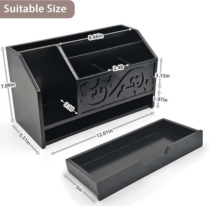 Black Wooden Mail Organizer with Drawer, Three Tiered Desk Accessories for Office Organization and Storage, Stylish Countertop Document Storage, Home/Office/Classroom Supplies (Black02)