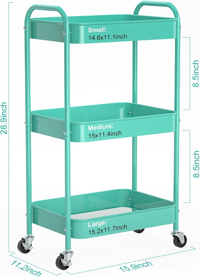 3-Tier Rolling Cart, Metal Utility Storage Carts with Wheels,Blue | Multi-Functional Organizer Easy Assembly Snack Cart