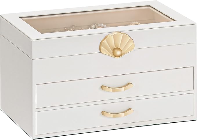 Jewelry Box with 2 Drawers: Display Organizer for Earrings Necklaces - Gift for Girls Women (White)