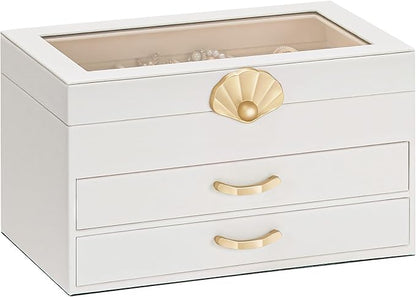 Jewelry Box with 2 Drawers: Display Organizer for Earrings Necklaces - Gift for Girls Women (White)