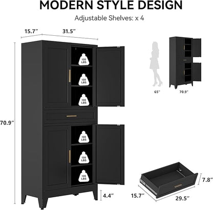 COFaR 71" Modern Pantry Cabinet with Drawer, Black Storage Cabinet with Adjustable Shelves, 3-Section Industrial Cupboard for Kitchen & Office
