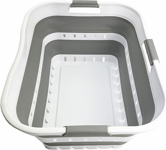 SAMMART 42L (11 gallon) Collapsible Plastic Laundry Basket - Foldable Pop Up Storage Container/Organizer - Space Saving Hamper/Basket (1, Grey/White)