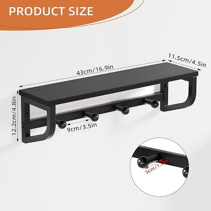 Coat Rack Wall Mount, Wood Wall Shelf with Hooks, Coat Hanger Wall Mount with 4 Metal Hooks, Wall Mounted Coat Rack Organizer for Entryway, Bedroom, Living Room, Room Decor, Black