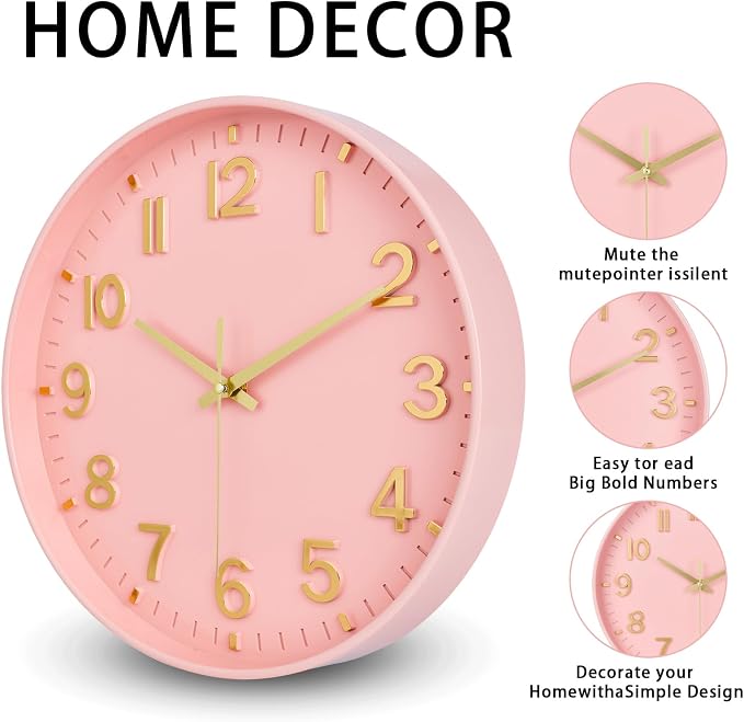 HZDHCLH Wall Clocks Battery Operated,Wall Clock Pink Gold 8 inch Wall Clock Silent Non Ticking Modern 3D Numbers for Office Kitchen Classroom Bedroom Living Room Decor