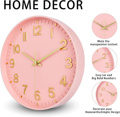 HZDHCLH Wall Clocks Battery Operated,Wall Clock Pink Gold 8 inch Wall Clock Silent Non Ticking Modern 3D Numbers for Office Kitchen Classroom Bedroom Living Room Decor