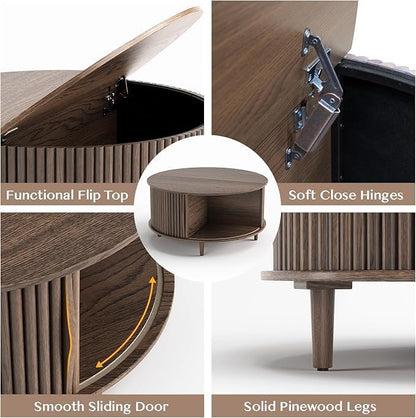 JOINICE Round Coffee Table and End Table Set,31.5" Mid Century Modern Living Room Furniture, Walnut Fluted Center Table with Storage & Matching Side Table for Small Space