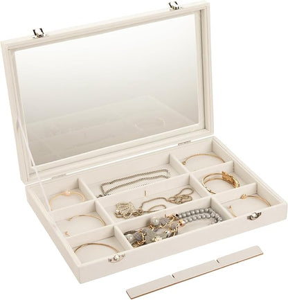 Frebeauty Velvet Jewelry Tray,12 Grid Jewelry Organizer with Clear Lid,Bracelets Holder,Jewelry Display Case with Clasp,Drawer Insert Bangle Brooch,13.8 x 9.5 x 2 Inches,Gift for Women Girls(Beige)