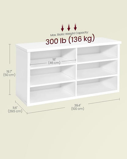 VASAGLE Shoe Bench, Storage Bench, 6 Compartments, Adjustable Shelves, for Living Room, Entryway, Dorm, 11.6 x 39.4 x 19.7 Inches, Cloud White ULSB036W01