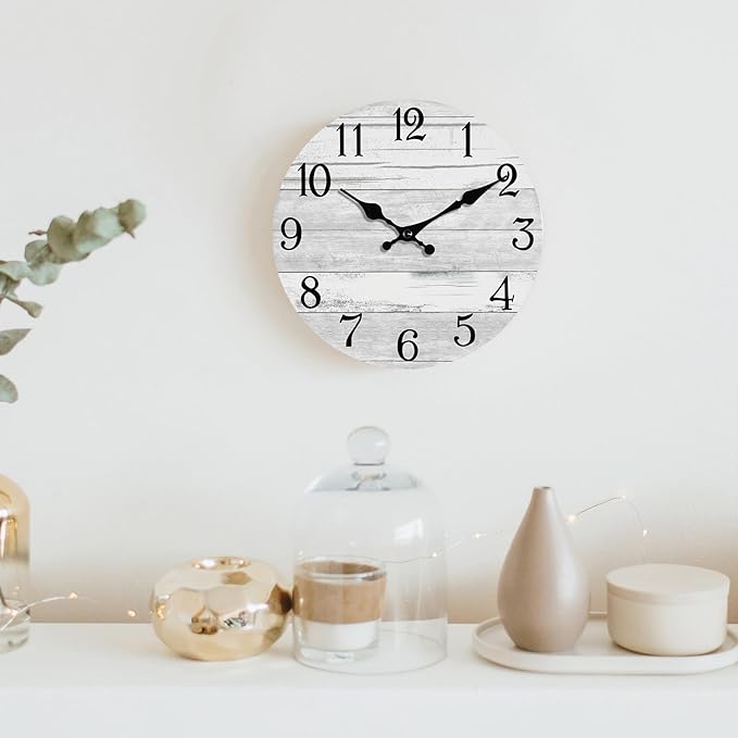 Wall Clock Battery Operated 10 Inch Gray Silent Non Ticking Country Rustic Design Vintage Retro Decorative for Bathroom Kitchen Bedroom