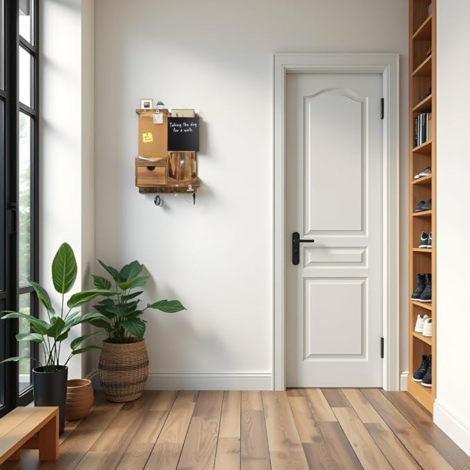 Key Holder Wall Mount， Mail Organizer Key Holder for Wall with Shelf, Drawer, Chalkboard, Corkboard, Home Decor Wall Mounted for Room Entryway(Natural Wood)