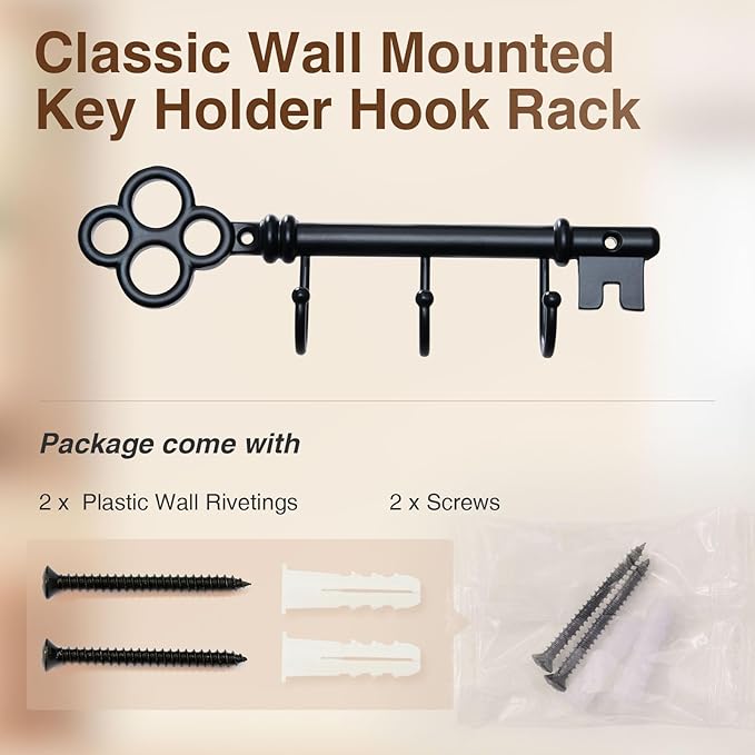 Classic Wall Mounted Key Holder Hook Rack, Vintage Key Rack for Entryway (Black)