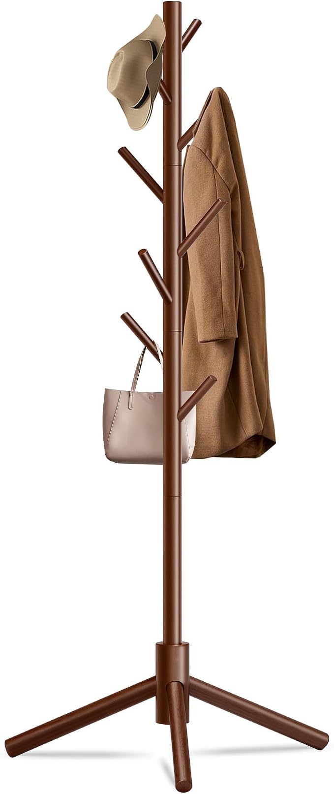 Unisakey Durable Wooden Coat Rack, Freestanding Coat Rack with Stable Triangular Base, 8 Hooks & 3 Adjustable Heights, Simple Assembly for Bedroom, Hallway, Office(New Brown)