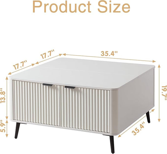 Fatmok Large Lift Top Coffee Table with Hidden Compartment, 35.4" Wide Oversized Square Coffee Table with Storage, Mid Century Modern Fluted Center Table for Home Living Room, White