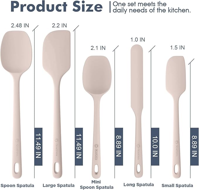 ChefAide 5 Pieces Silicone Spatula Set, Food Grade Rubber Spatula, Upgrade Strong Handle with Ergonomic Grip, Heat Resistant Up to 600°F for Nonstick Cookware, Cooking