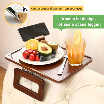 Smatdecis Couch Arm Tray Table Sofa Arm Clip, Armrest Tray Table Suitable for Home Drinks/Fast Food/Fruit Etc, Large Size Multi-Function Brown(360° Rotating Stand B)
