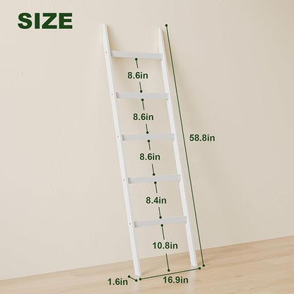 Blanket Ladder Towel Racks For Bathroom 5 Layers Towel Holder 100% Bamboo Wood Sturdy Construction No Need Wall Drilling Quilt Scarf Storage Solution Decorative Leaning Shelf for Living Room (White)