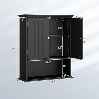 Tangkula Bathroom Wall Cabinet, Wooden Hanging Storage Cabinet with Doors & Shelves, Multipurpose Storage Cabinet for Restroom Kitchen Living Room, Wall Mounted Bathroom Medicine Cabinet (Black)
