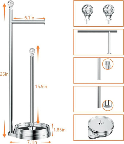 KASUNTO Toilet Paper Holder for Bathroom, Heavy Weighted Metal Free Standing Toilet Paper Holder Stand with Crystal Ball, Toilet Paper Roll Stand for Bathroom Accessories