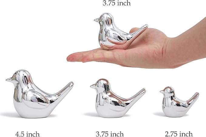Artconal Small Silver Bird Statue Ceramic 2-Piece Set, 4½ inch Cute Knick Knack for Home Office Shelf Desk Decor