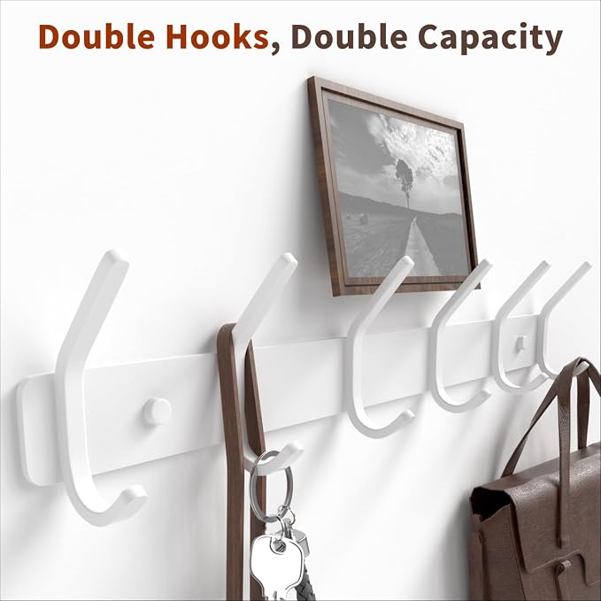 GWAAZXGZ Coat Rack Wall Mount Hooks - 15 Inch Matte White Metal 6-Hook Organizer Wall Mounted, Modern Kids Room, Entryway & Bathroom Hanger for Beach Towels, Coats, Purses, Bags (2 Pack)
