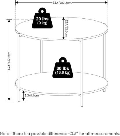 Furinno BESI Coffee Table, 2-Tier Round Modern Coffee Table with Metal Legs, Side Table with Open Shelf, for Living Room, Bedroom, Home Office, Marble White