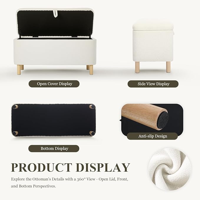 Ottoman with Storage, Storage Ottoman Bench, Entryway Bench with Wood Legs for Living Room, Sitting Area, 2PCS, Cream