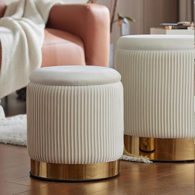 YYW HOME Round Ottoman with Storage Set of 2 Vanity Stool Foot Rest with Removable Lid White Velvet Storage Ottoman Stool for Living Room and Dorm