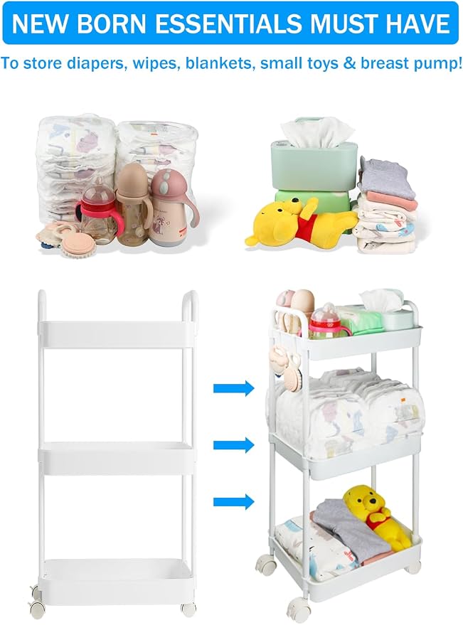 Volnamal Diaper Caddy Organizer, 3-Tier Movable Diaper Cart with Wheels, Newborn Essentials Must Haves, Diaper Caddy for Wipes & Diapers, Baby Registry Search - Plastic White
