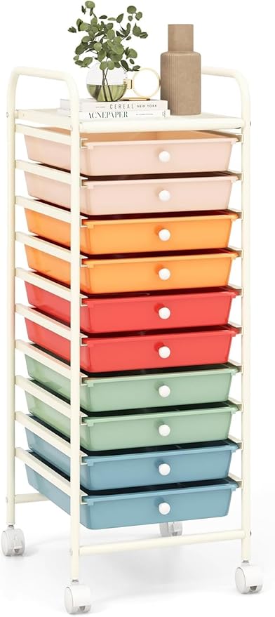 OFFICEJOY Storage Cart, Rolling Utility Cart with 10 Drawers, Portable Handles & Lockable Wheels, Mobile Paper Toys Storage Organizer Large Capacity for Home Office School Teacher (Macaron)