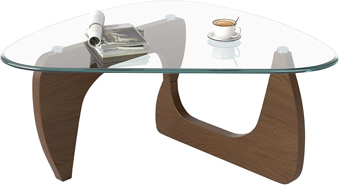 Modern Glass Coffee Table, Triangle Center Table with Tempered Glass Top& Unique Wooden Base, 31.5” Mid Century Tea Tables for Living Room, Apartment, Office,Walnut &Transparen