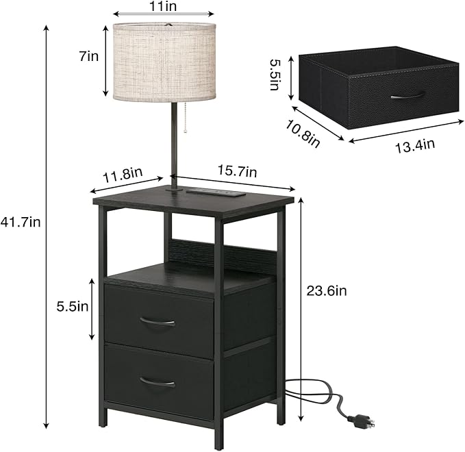 Fixwal Bedside Table with 3 Color Temperature Reading Light, Nightstand with LED Light & Charging Station End Table with Adjustable Fabric Drawer for Bedroom, Dorm, Black