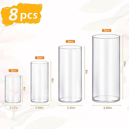 8 Pack Glass Cylinder Vases 4,6,8,10 Inch Tall Clear Flower Vase Hurricane Floating Candle Holder for Table Centerpiece Wedding Home Decor