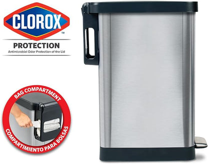 Glad Slim Trash Can with Clorox Odor Protection - Narrow Kitchen Garbage Bin with Soft Close Lid, Step On Foot Pedal and Waste Bag Roll Holder, Stainless Steel, 12 Gallon/45 Liter