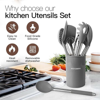 Kitchen Utensils Set-Silicone Cooking Utensils-32pcs Non-Stick Silicone Cooking Kitchen Utensils Spatula Set with Holder-Best Kitchen Cookware with Stainless Steel Handle (Grey)