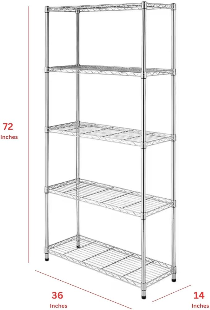 hiLISS Heavy-Duty Chrome Steel Wire Shelving NSF Certified. Adjustable Storage Rack for Kitchen,Garage,and Laundry Utility Room (Chrome-5Tiers-36x14x72)