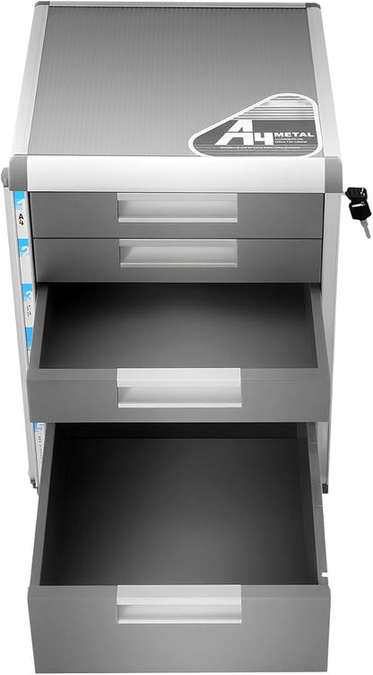 Desk Organizer with 5 Drawers, Metal Desktop Storage Cabinet File Holder with Locks and Keys, Filing Case Literature Organizer for Office Home, L12.4*D13.8*H16in, Silver & Grey