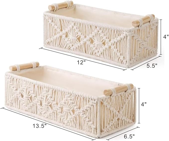 2 Pack Macrame Storage Baskets Boho Decor Basket Handmade Woven,Toilet Paper Storage Basket,Small Baskets For Organizing,Bathroom Organizers And Storage,Bathroom Counter Organizer, Ivory