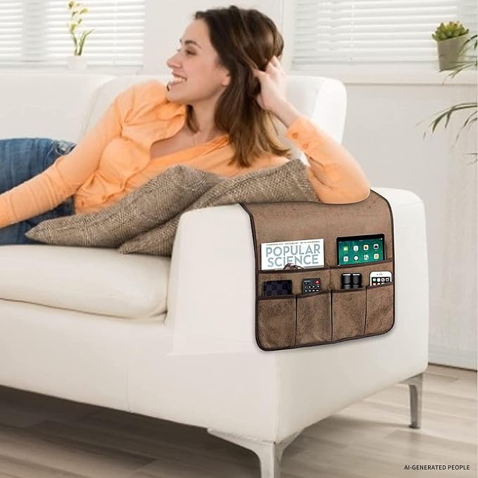 HAOMAIJIA Anti Slip Sofa Armrest Organizer Arm Chair Bedside Caddy Storage Organizer For Recliner Couch With 6 Pockets For Cell Phone Tv Remote Control Magazines (brown)