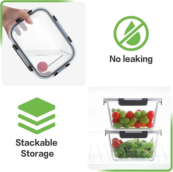HOMBERKING 6 Pieces 63oz/8cup Large Glass Food Storage Containers with Lids, Meal Prep Containers, Airtight Bento Boxes with Leak Proof Locking (3 Containers 3 Lids), Microwave,Oven,Fridge Safe-Black