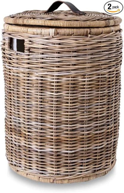 The Basket Lady Round Wicker Laundry Hamper, Large, 19 in Dia x 25 in H, Serene Grey…