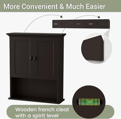Bathroom Wall Cabinet, Wooden Medicine Cabinet Over Toilet Storage Cabinet with Doors and Adjustable Shelf Wall Mounted Storage Organizer Cabinet Above Toilet (Espresso)