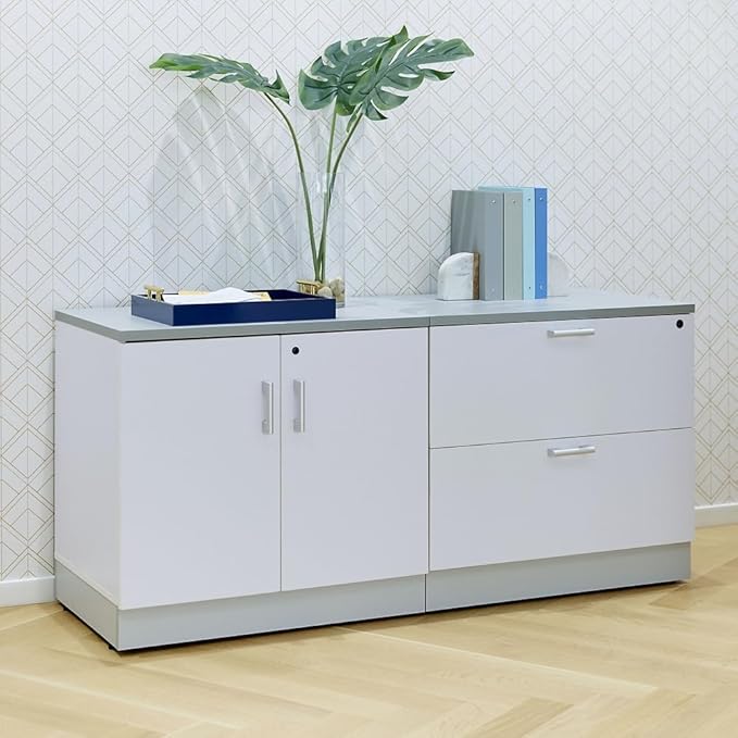 NBF Esquire Office Storage Cabinet and Lateral File - Laminate Storage Cabinet with Two Lockable Door and Adjustable Shelf - Lateral File Cabinet with 3 File Drawers - (32" W x 30" H, Gray)
