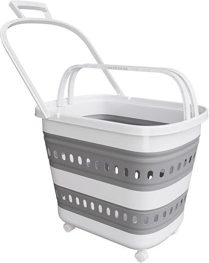 Collapsible Plastic Rolling Laundry Basket Hamper with Wheels, 45L Portable Rubber Clothes Basket, Pop Up Storage Container/Organizer for Washing & Storage, Grey