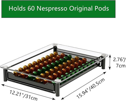 SEVENLINE Crystal Tempered Glass Coffee Pod Storage Drawer Compatible with Nespresso OriginalLine Capsules Holder 60 Original Line Pods Holds Kitchen Organizer