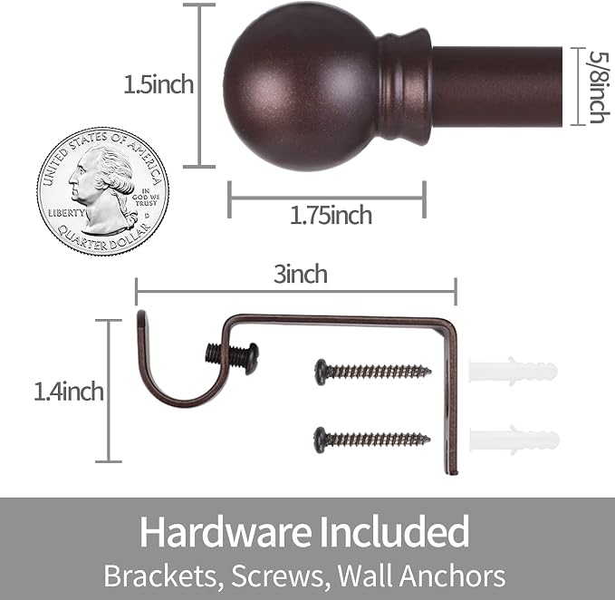 Thestoa Brown Curtain Rods for Windows 30-46 Inch, 5/8" Stainless Steel Small Curtain Rod for Bedroom, Living Room,Kitchen,Farmhouse