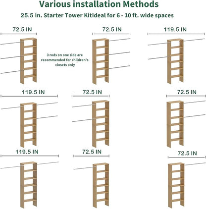 Closet System, 22.5" Wide Organizer with 3 Hanging Rods, Wood Tower Storage for Walk In Closets, Wall Mounted Wardrobe Organizer Kit, Bedroom, Fit Space 6-10 ft